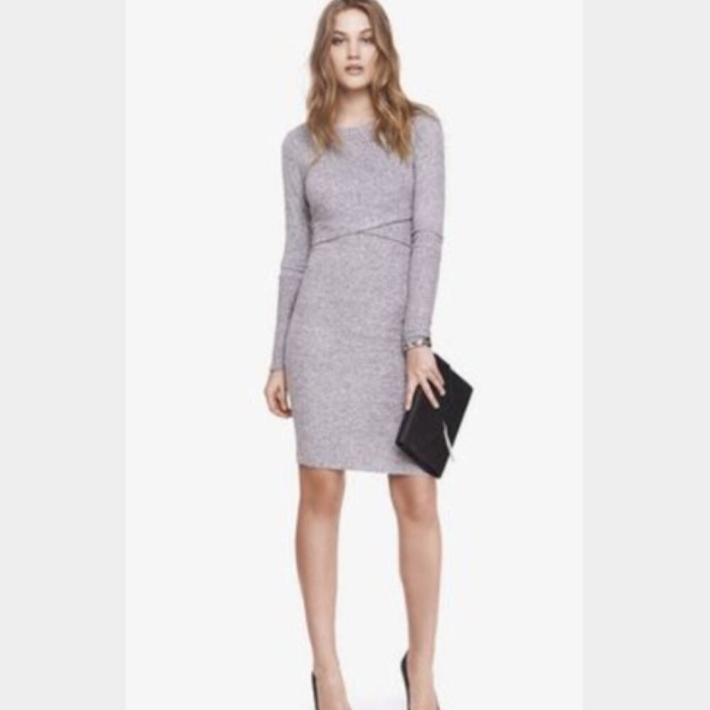 Express Gray Heathered Knit Sweater Dress Long Sleeve Criss Cross Office Small